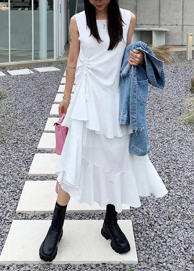 French Black O-Neck Asymmetrical Drawstring Ruffled Maxi Layered Dress Summer - Image 2