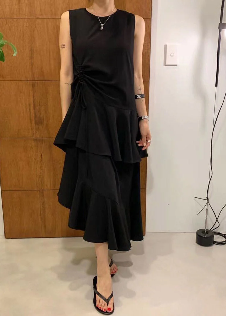 French Black O-Neck Asymmetrical Drawstring Ruffled Maxi Layered Dress Summer - Image 3