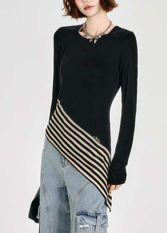 French Black O Neck Asymmetrical Patchwork Cotton T Shirt Tops Spring - Image 2