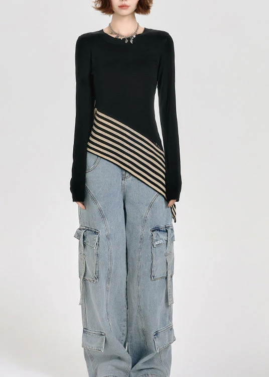 French Black O Neck Asymmetrical Patchwork Cotton T Shirt Tops Spring - Image 3