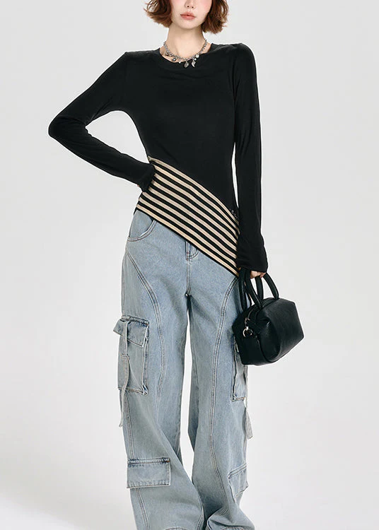 French Black O Neck Asymmetrical Patchwork Cotton T Shirt Tops Spring - Image 4