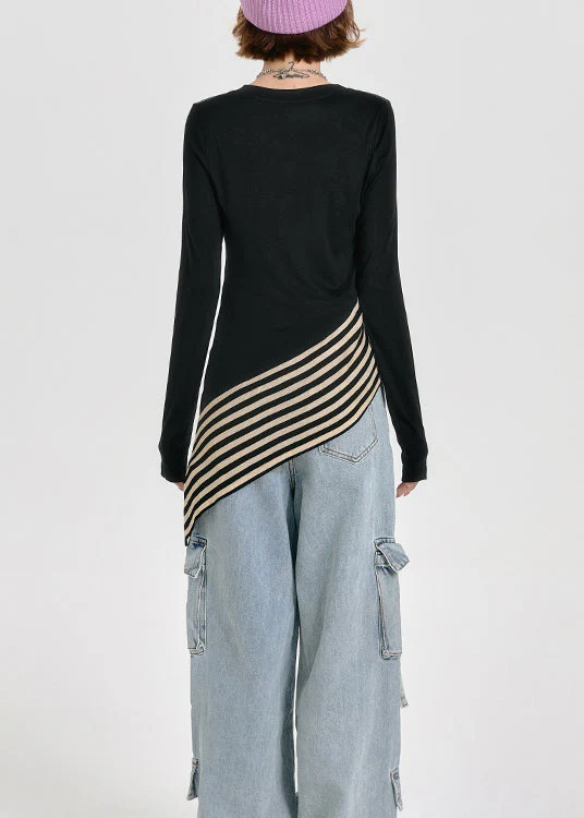 French Black O Neck Asymmetrical Patchwork Cotton T Shirt Tops Spring - Image 5
