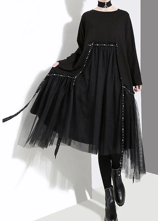 French Black O-Neck Asymmetrical Tulle Patchwork Long Dresses Spring - Image 2
