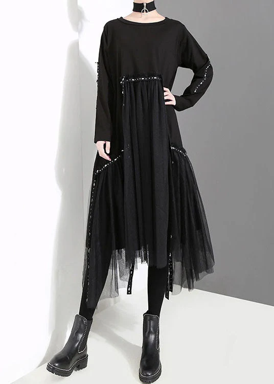 French Black O-Neck Asymmetrical Tulle Patchwork Long Dresses Spring - Image 3