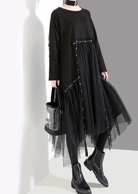 French Black O-Neck Asymmetrical Tulle Patchwork Long Dresses Spring - Image 4