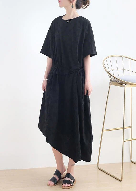 French Black O-Neck Cinched Long Summer Linen Dress - Image 2