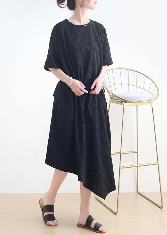 French Black O-Neck Cinched Long Summer Linen Dress - Image 3