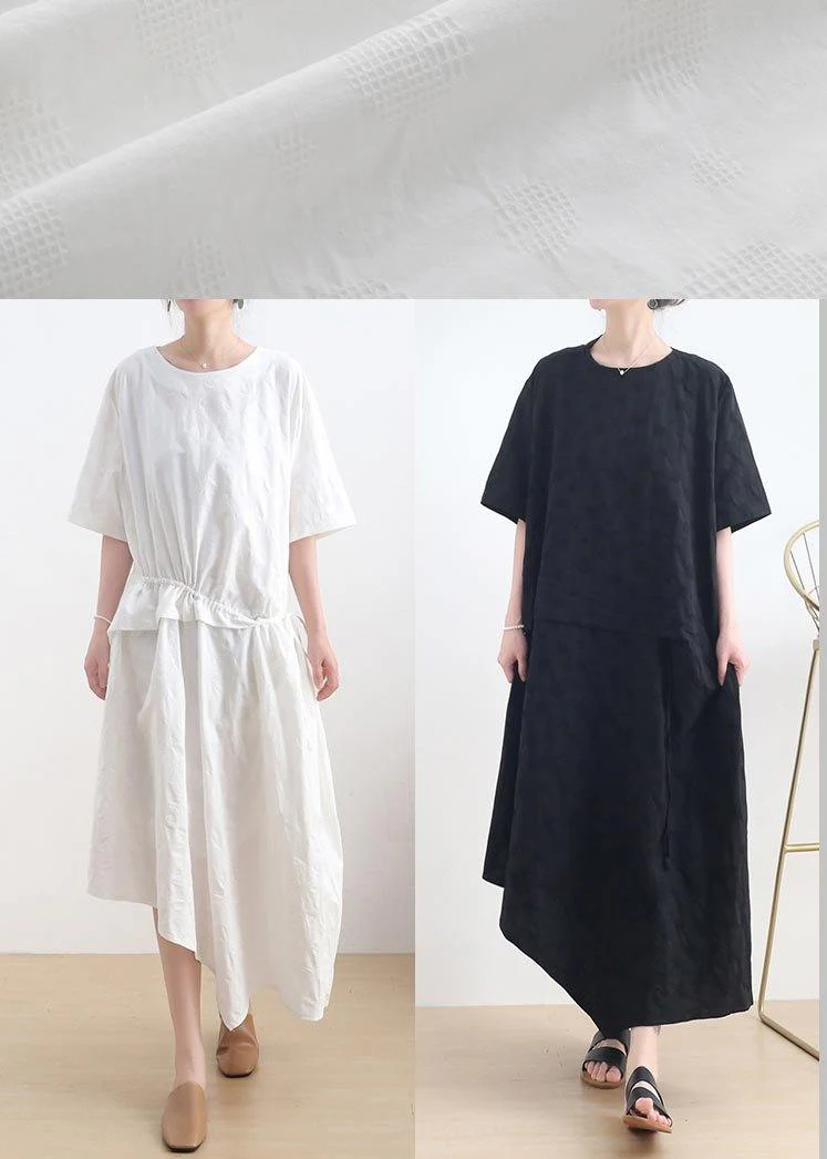 French Black O-Neck Cinched Long Summer Linen Dress - Image 5