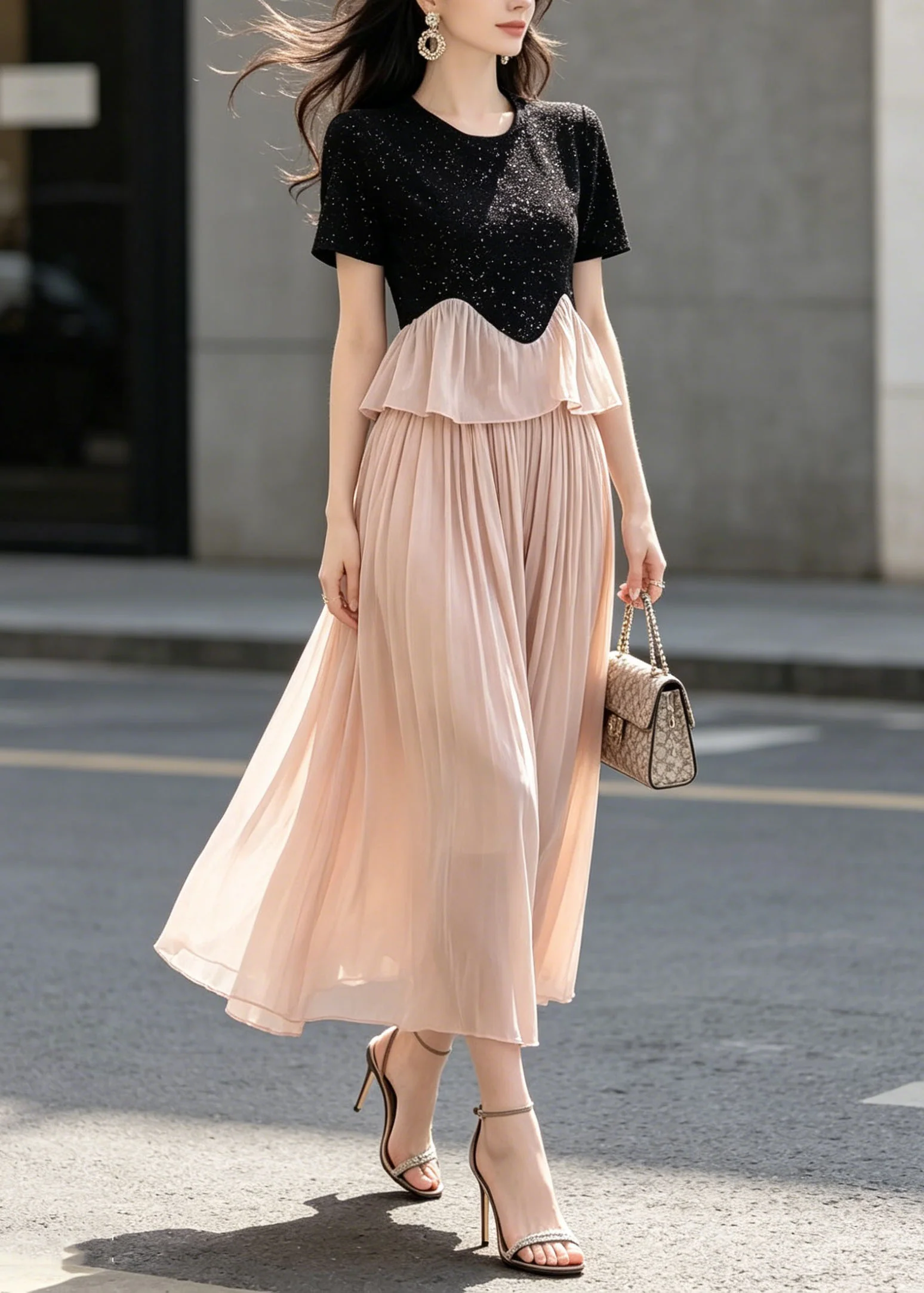 French Black O Neck Cotton Top Patchwork And Pink Tulle Pants Skirt Two Piece Set Summer - Image 3