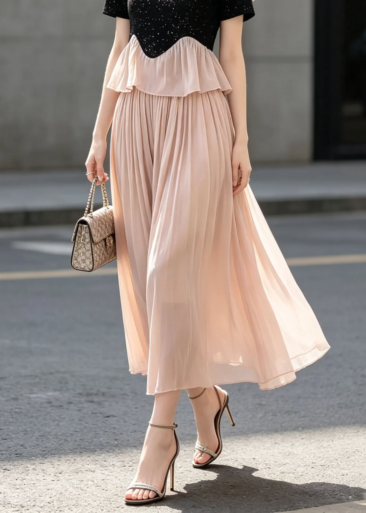 French Black O Neck Cotton Top Patchwork And Pink Tulle Pants Skirt Two Piece Set Summer - Image 4