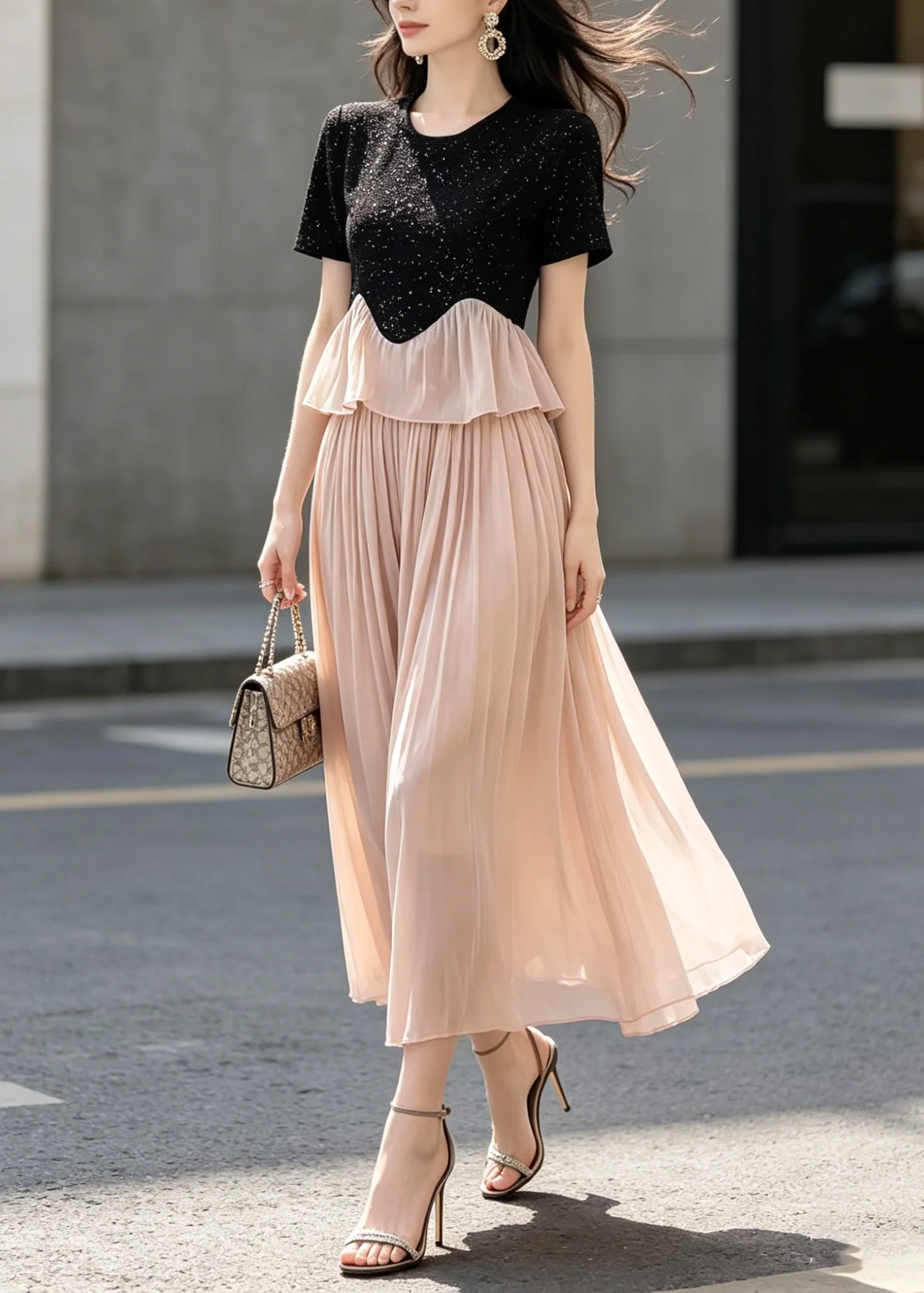 French Black O Neck Cotton Top Patchwork And Pink Tulle Pants Skirt Two Piece Set Summer - Image 5