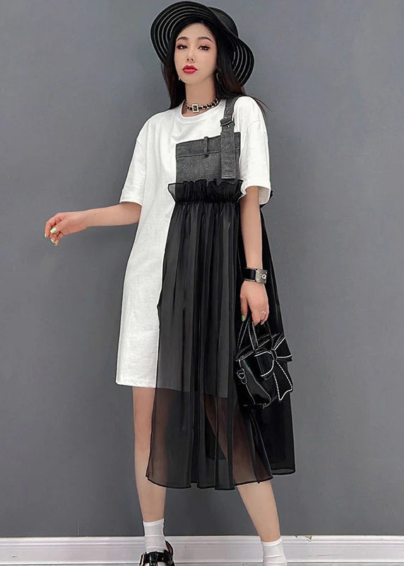 French Black O-Neck Denim Tulle Patchwork Dress Short Sleeve - Image 2