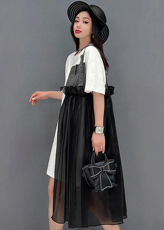 French Black O-Neck Denim Tulle Patchwork Dress Short Sleeve - Image 3