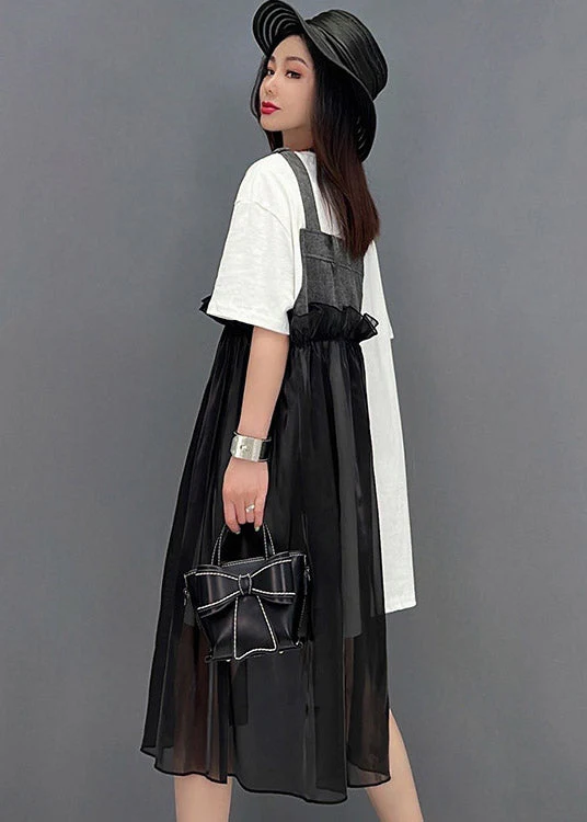 French Black O-Neck Denim Tulle Patchwork Dress Short Sleeve - Image 4