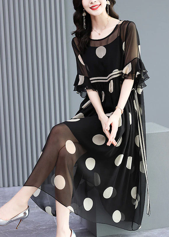 French Black O-Neck Dot Print Silk Dress Two Pieces Set Flare Sleeve