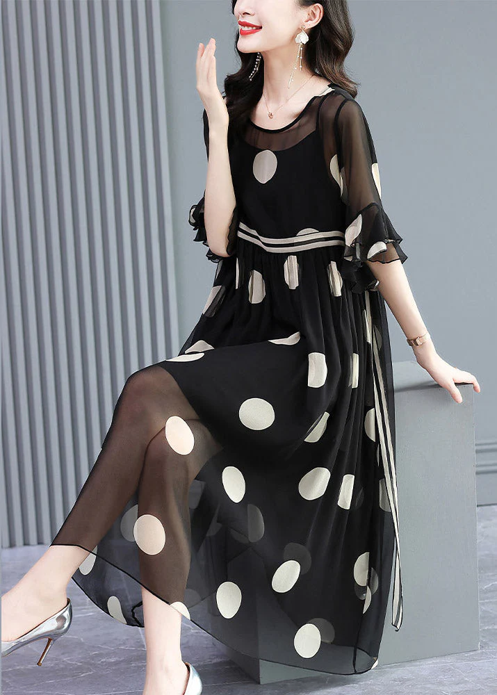 French Black O-Neck Dot Print Silk Dress Two Pieces Set Flare Sleeve - Image 3