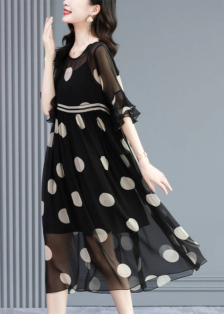 French Black O-Neck Dot Print Silk Dress Two Pieces Set Flare Sleeve - Image 4