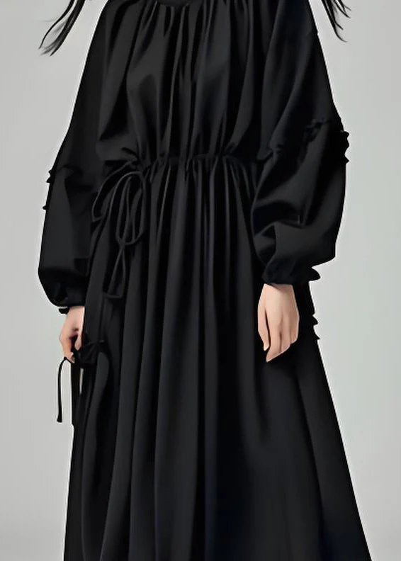 French Black O Neck Drawstring Cotton Long Dress Lantern Sleeve - Image 4
