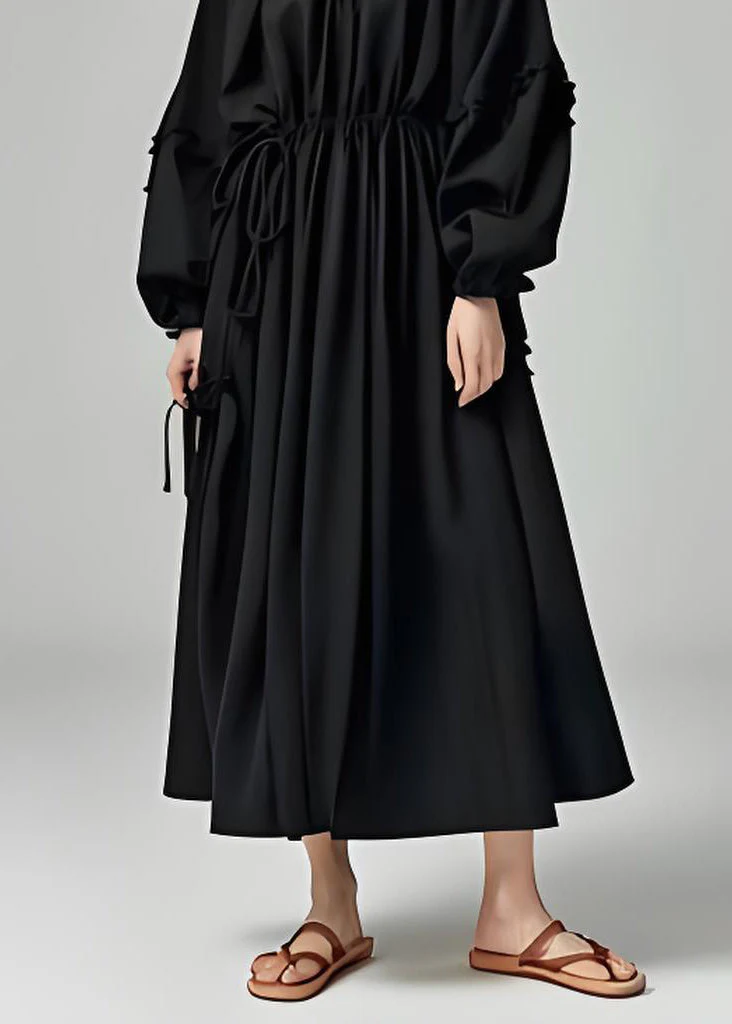 French Black O Neck Drawstring Cotton Long Dress Lantern Sleeve - Image 5
