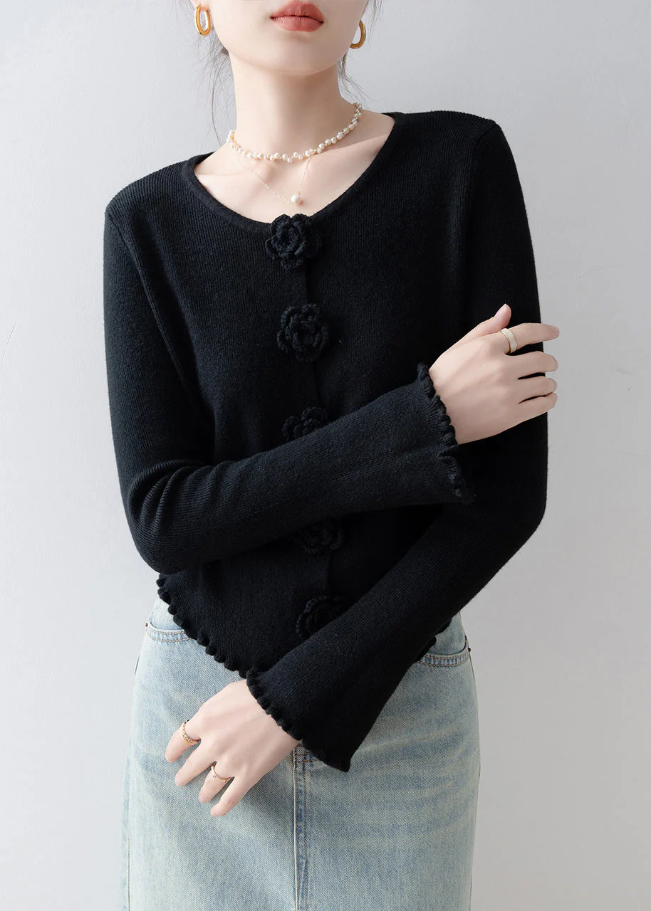 French Black O Neck Floral Ruffled Knitted Tops Spring - Image 2