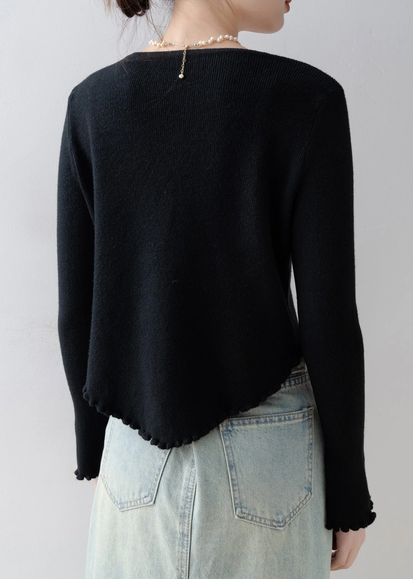 French Black O Neck Floral Ruffled Knitted Tops Spring - Image 5