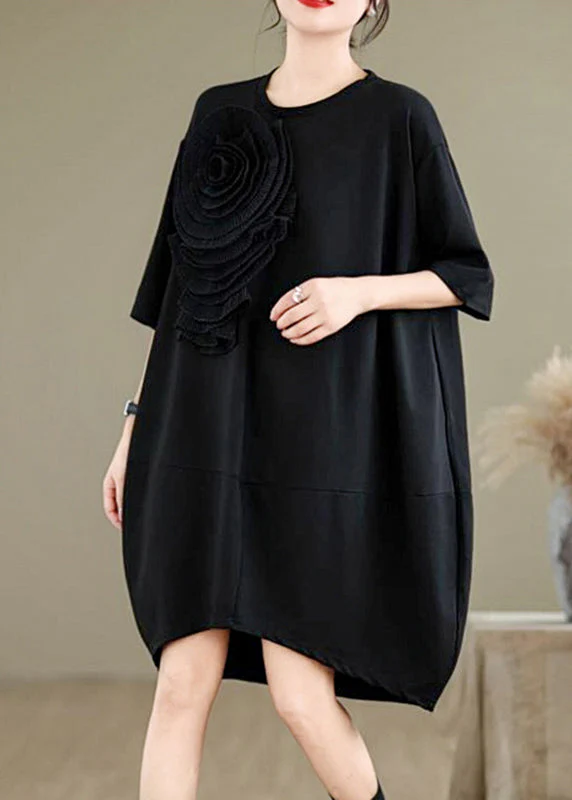 French Black O-Neck Floral Wrinkled Long Dresses Summer - Image 2