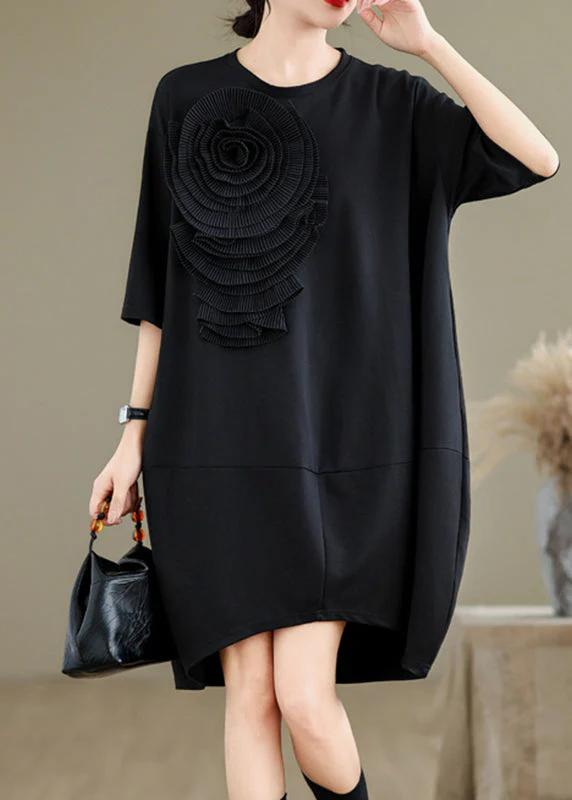 French Black O-Neck Floral Wrinkled Long Dresses Summer - Image 3