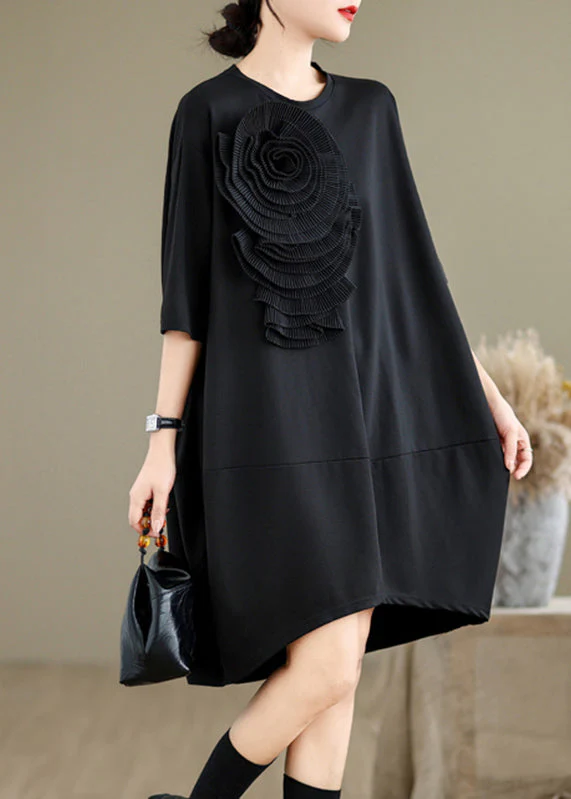 French Black O-Neck Floral Wrinkled Long Dresses Summer - Image 4