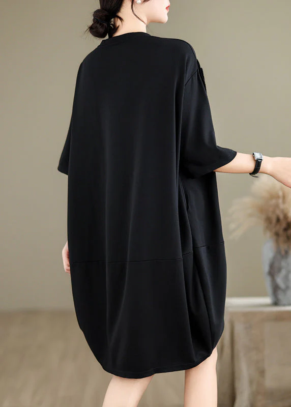 French Black O-Neck Floral Wrinkled Long Dresses Summer - Image 5