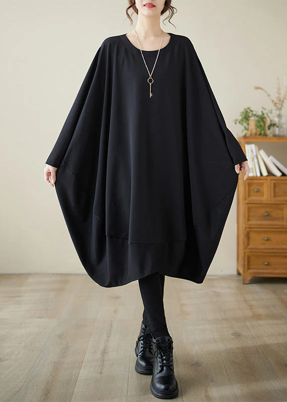 French Black O-Neck Low High Design Cotton Dress Fall - Image 2