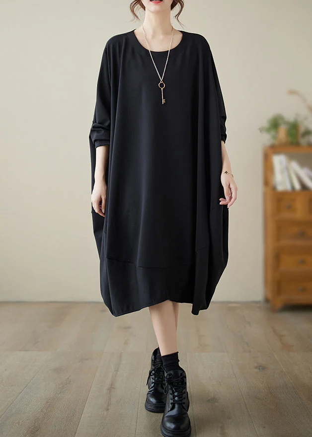 French Black O-Neck Low High Design Cotton Dress Fall - Image 3