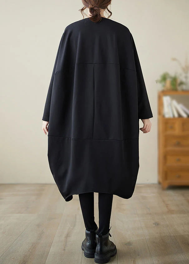 French Black O-Neck Low High Design Cotton Dress Fall - Image 4