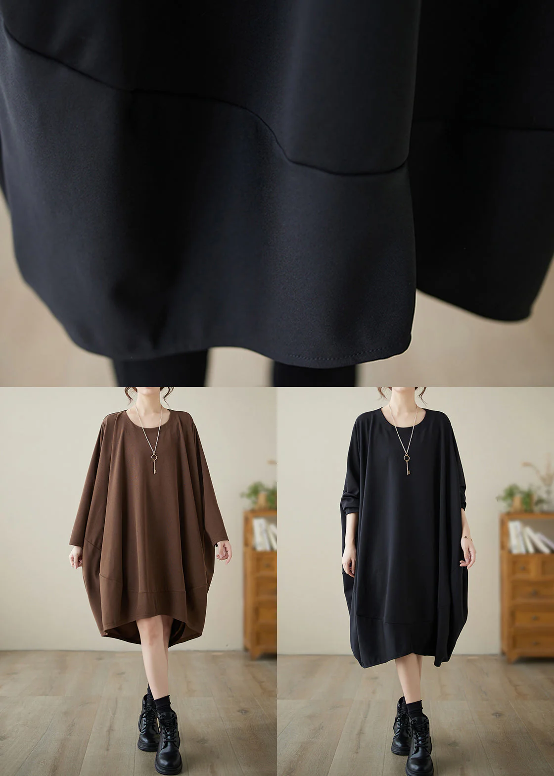 French Black O-Neck Low High Design Cotton Dress Fall - Image 5