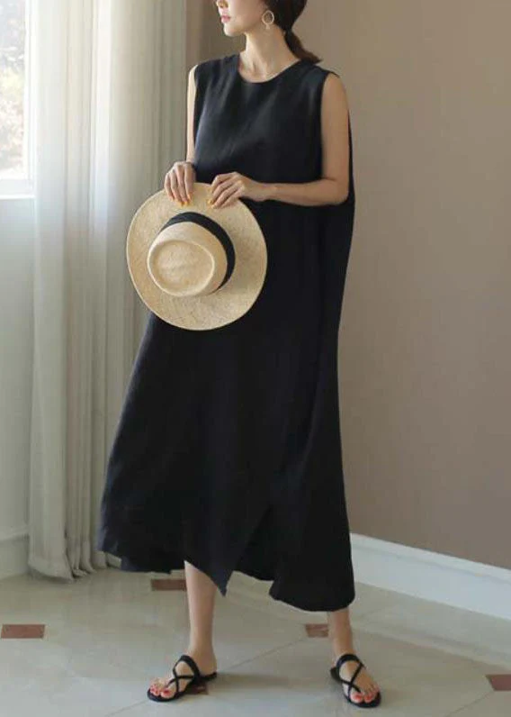 French Black O-Neck low high design Linen Party Dress Sleeveless - Image 2