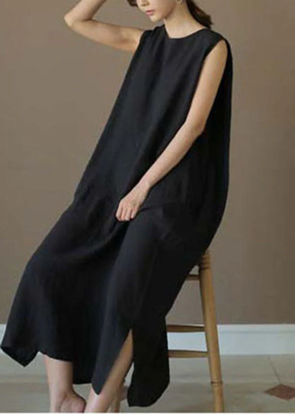 French Black O-Neck low high design Linen Party Dress Sleeveless - Image 3