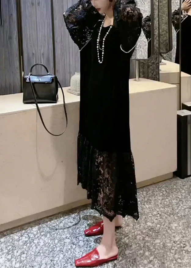 French Black O-Neck Patchwork Hollow Out Lace Holiday Long Dress Long Sleeve - Image 2