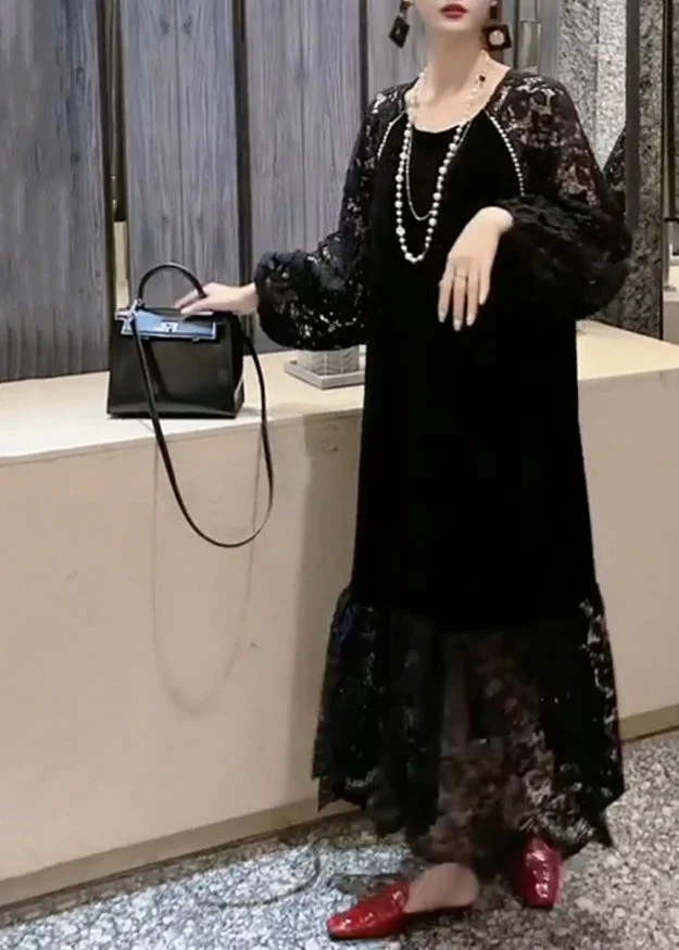 French Black O-Neck Patchwork Hollow Out Lace Holiday Long Dress Long Sleeve - Image 4