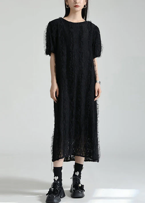 French Black O Neck Patchwork Lace Dresses Summer - Image 2