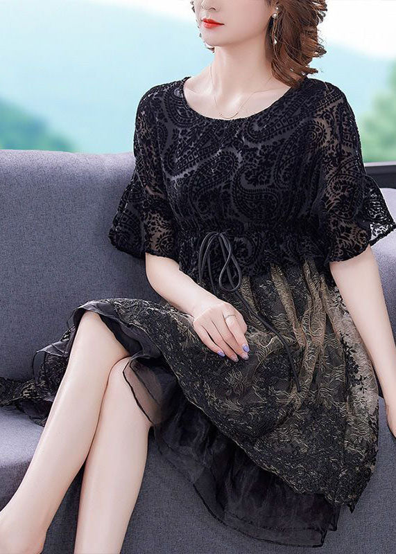 French Black O-Neck Patchwork Organza Cinch Dress Summer - Image 2