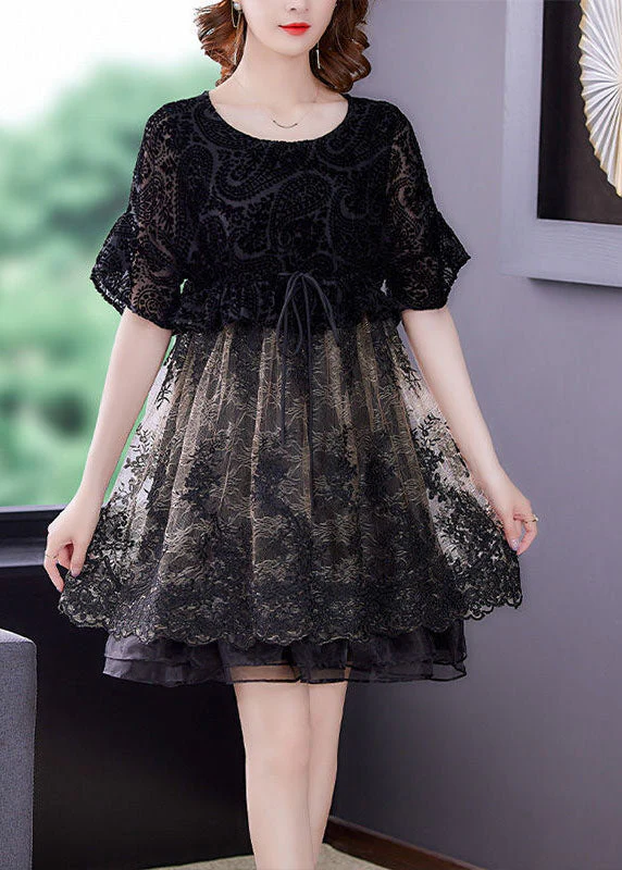 French Black O-Neck Patchwork Organza Cinch Dress Summer - Image 3