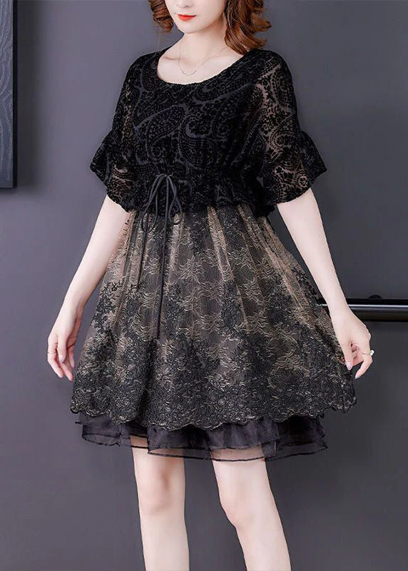 French Black O-Neck Patchwork Organza Cinch Dress Summer - Image 4