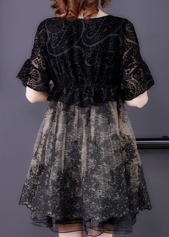 French Black O-Neck Patchwork Organza Cinch Dress Summer - Image 5
