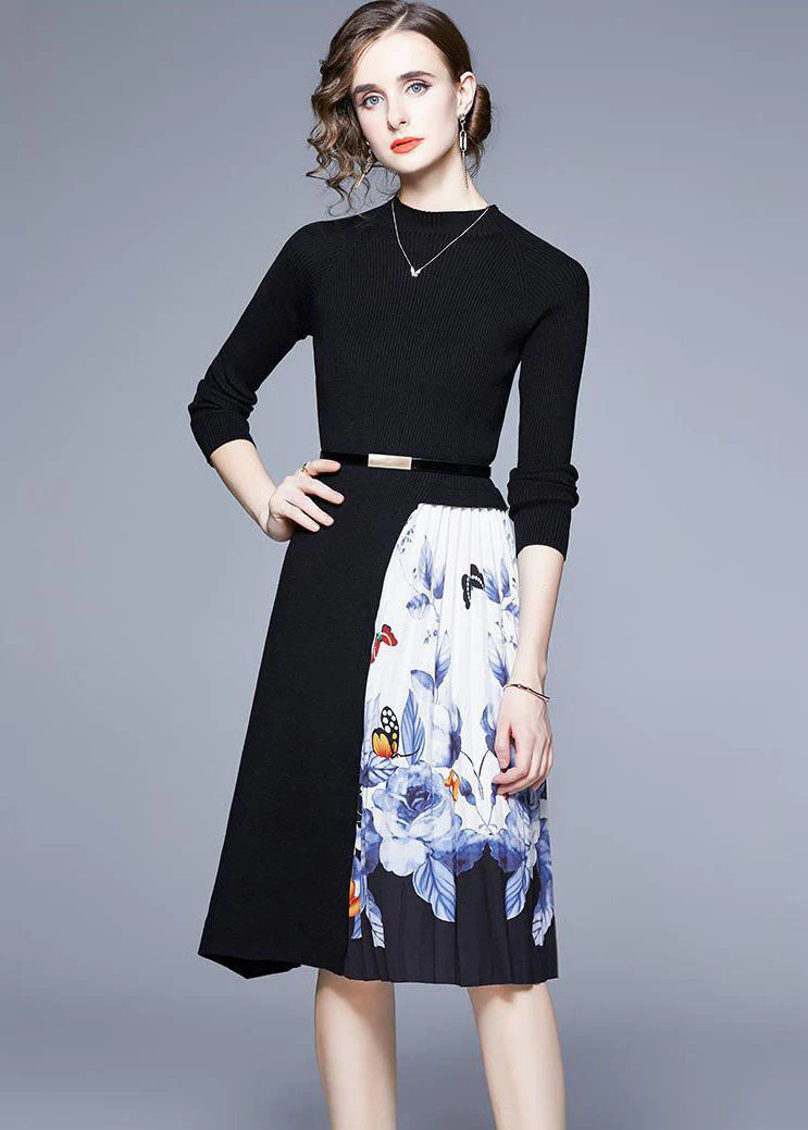 French Black O-Neck Patchwork Print Knit Long Dress Long Sleeve - Image 2