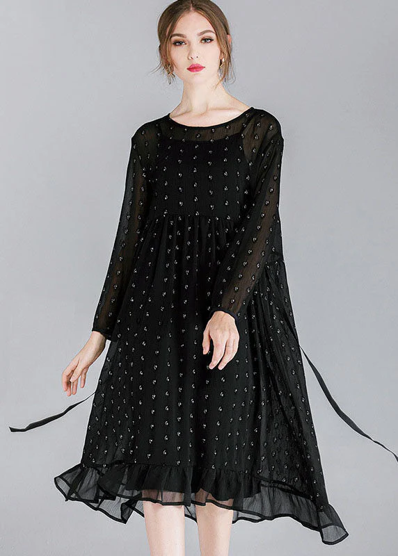 French Black O-Neck Patchwork Ruffled Chiffon Dress Two Pieces Set Spring - Image 2