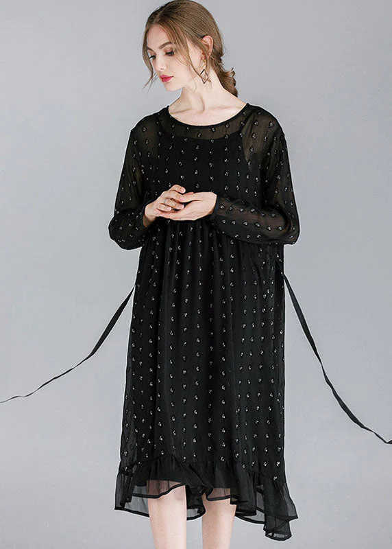 French Black O-Neck Patchwork Ruffled Chiffon Dress Two Pieces Set Spring - Image 3