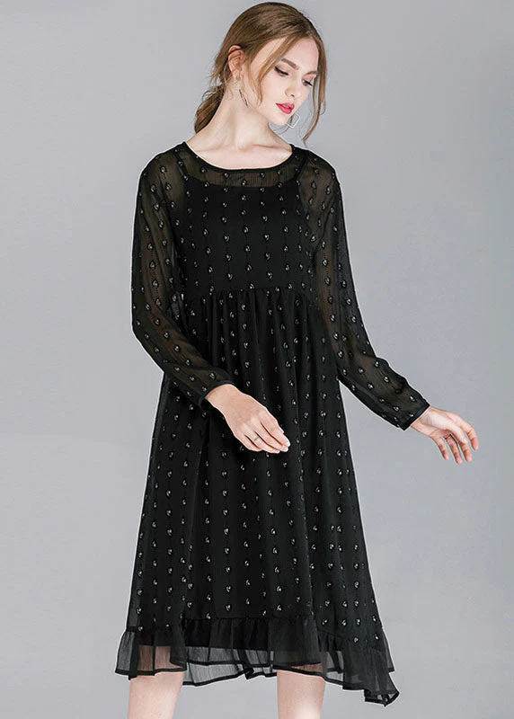 French Black O-Neck Patchwork Ruffled Chiffon Dress Two Pieces Set Spring - Image 4