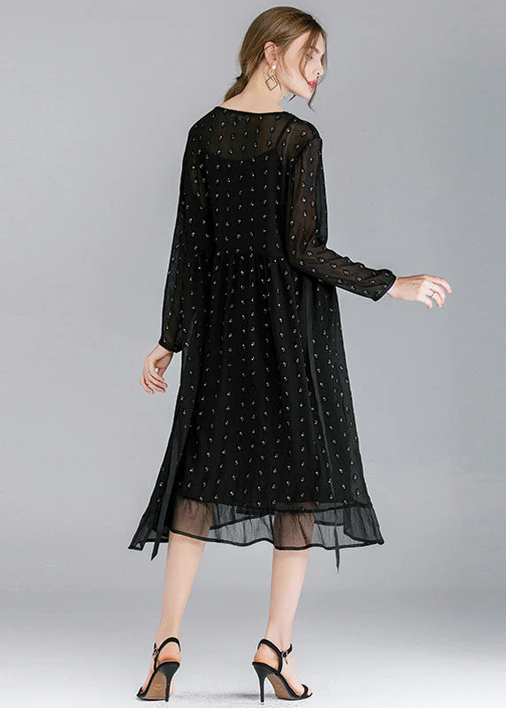 French Black O-Neck Patchwork Ruffled Chiffon Dress Two Pieces Set Spring - Image 5