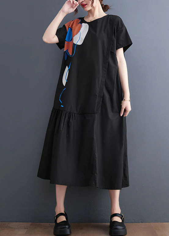 French Black O-Neck Patchwork Wrinkled Cotton Party Dress Summer - Image 2