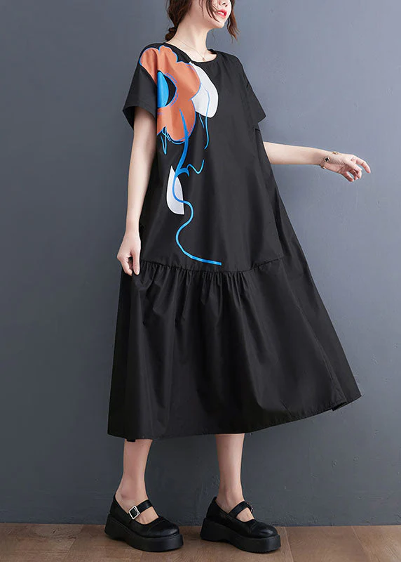 French Black O-Neck Patchwork Wrinkled Cotton Party Dress Summer - Image 3