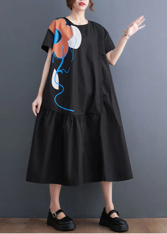 French Black O-Neck Patchwork Wrinkled Cotton Party Dress Summer - Image 4